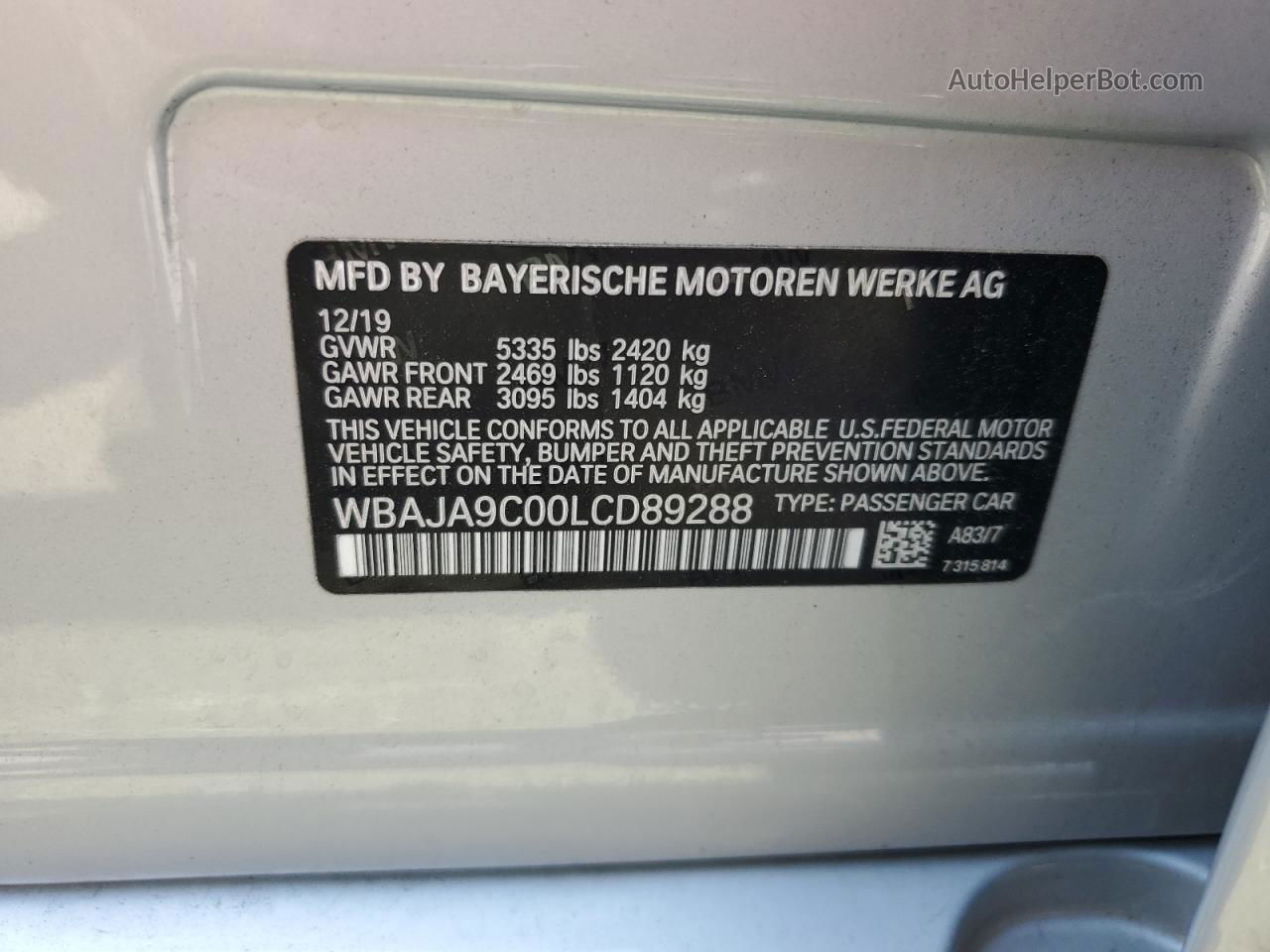 2020 Bmw 530e  Silver vin: WBAJA9C00LCD89288