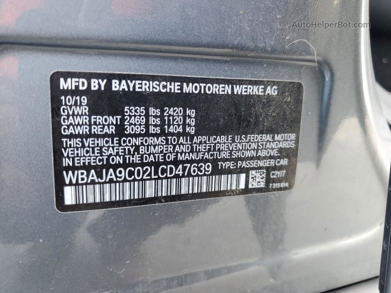 2020 Bmw 530e  Gray vin: WBAJA9C02LCD47639