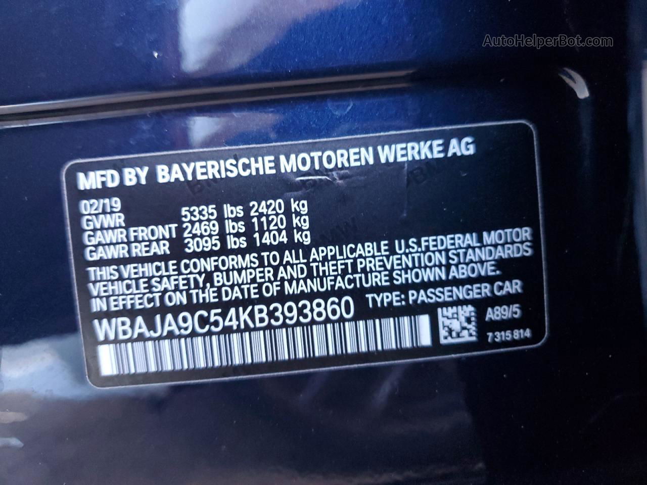 2019 Bmw 530e  Blue vin: WBAJA9C54KB393860