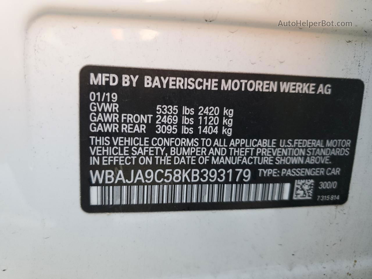 2019 Bmw 530e  White vin: WBAJA9C58KB393179