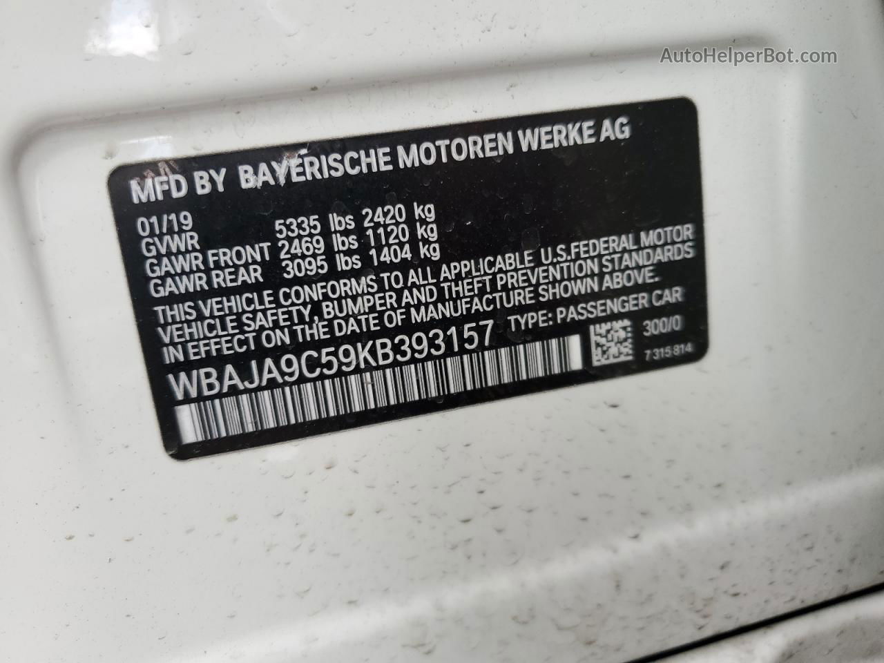 2019 Bmw 530e  White vin: WBAJA9C59KB393157