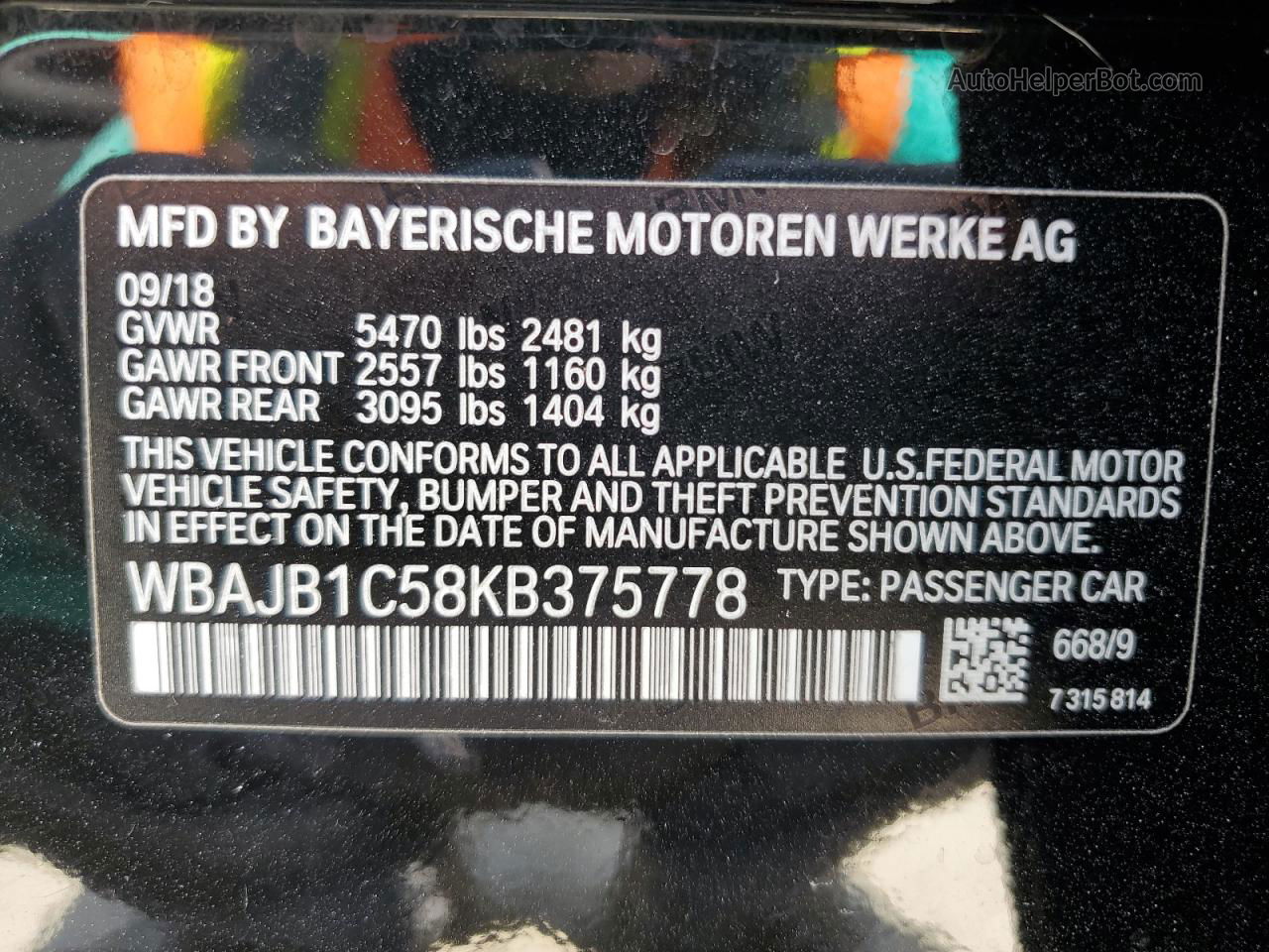 2019 Bmw 530xe  Черный vin: WBAJB1C58KB375778