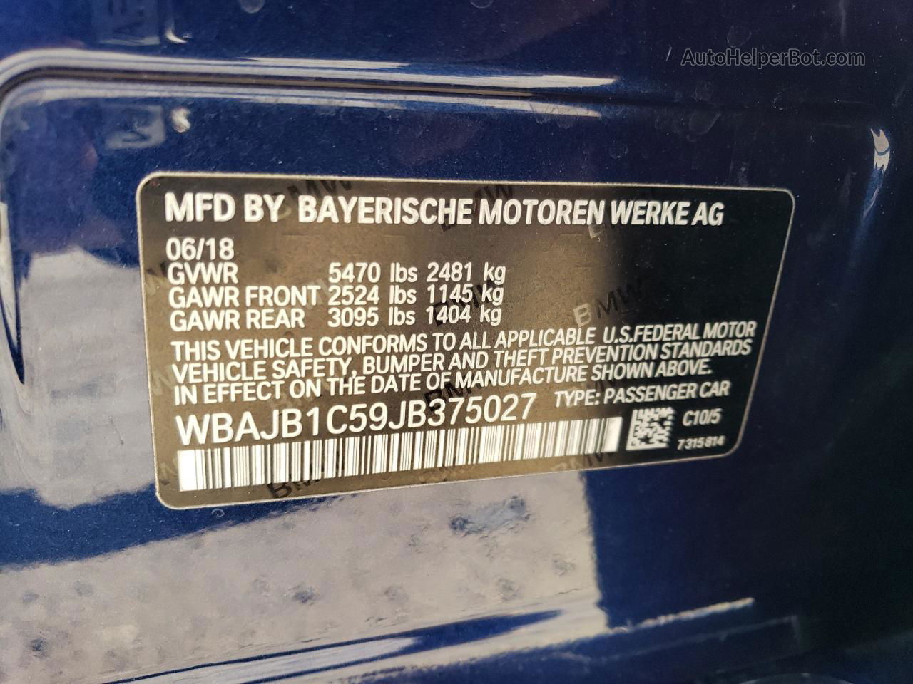 2018 Bmw 530xe  Blue vin: WBAJB1C59JB375027