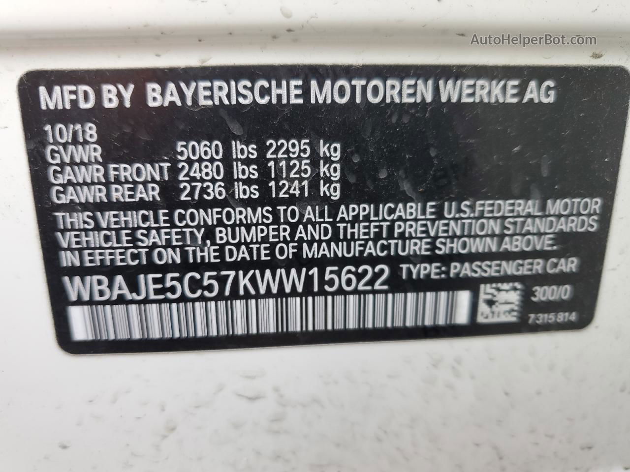 2019 Bmw 540 I White vin: WBAJE5C57KWW15622