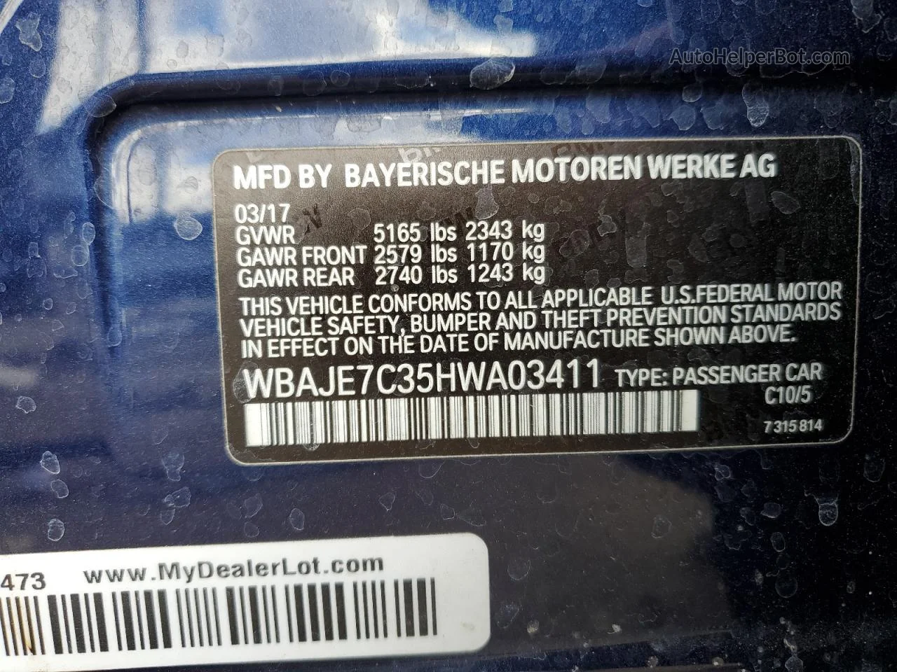 2017 Bmw 540 Xi Blue vin: WBAJE7C35HWA03411