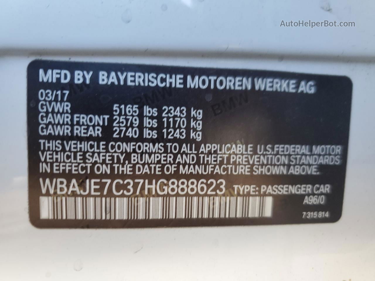 2017 Bmw 540 Xi White vin: WBAJE7C37HG888623