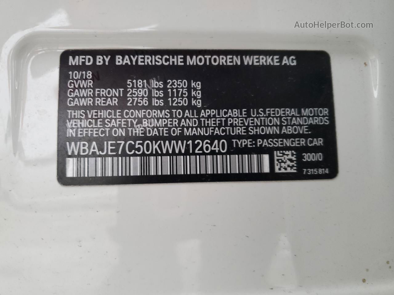 2019 Bmw 540 Xi White vin: WBAJE7C50KWW12640