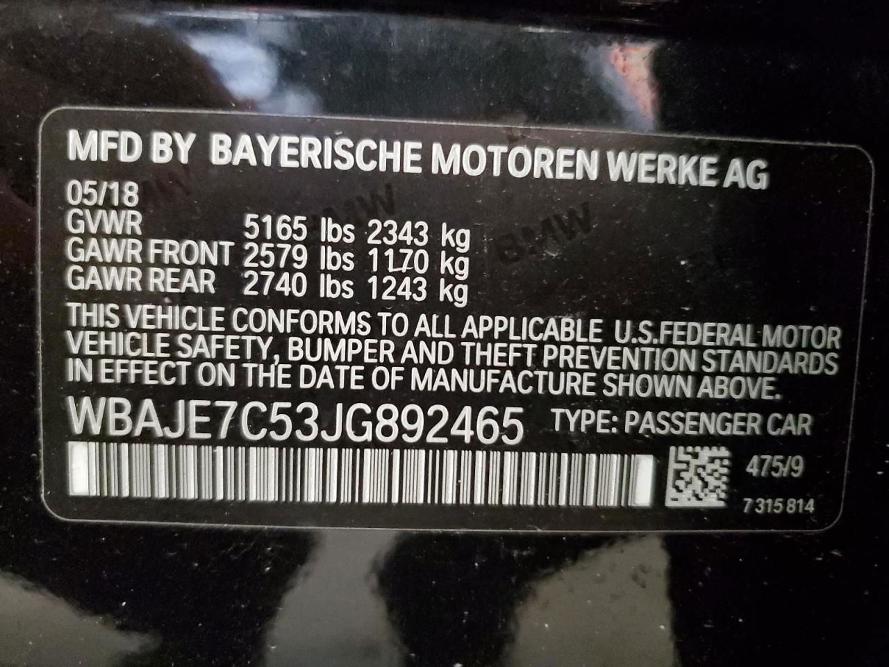 2018 Bmw 540 Xi Black vin: WBAJE7C53JG892465