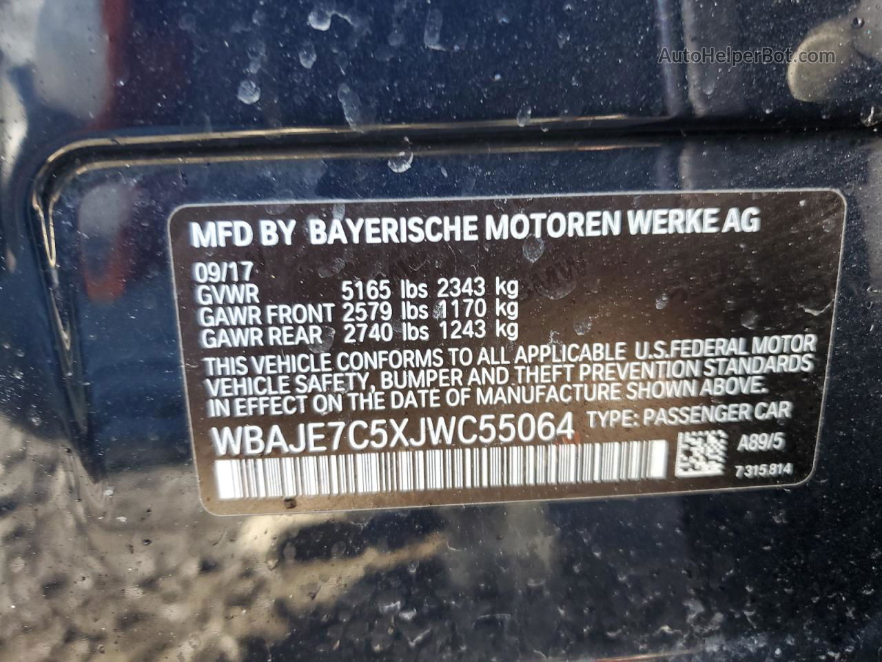 2018 Bmw 540 Xi Blue vin: WBAJE7C5XJWC55064