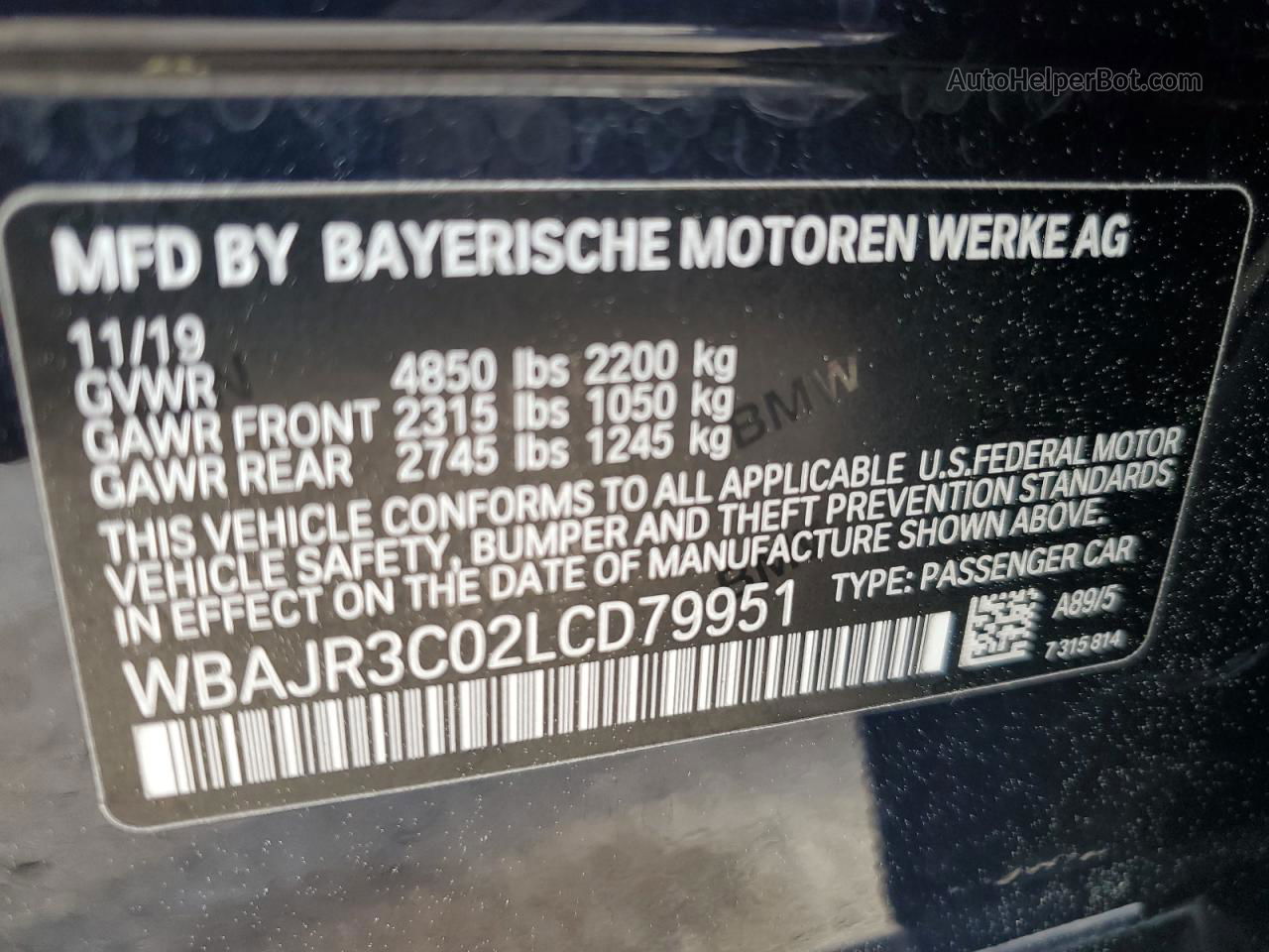 2020 Bmw 530 I Синий vin: WBAJR3C02LCD79951