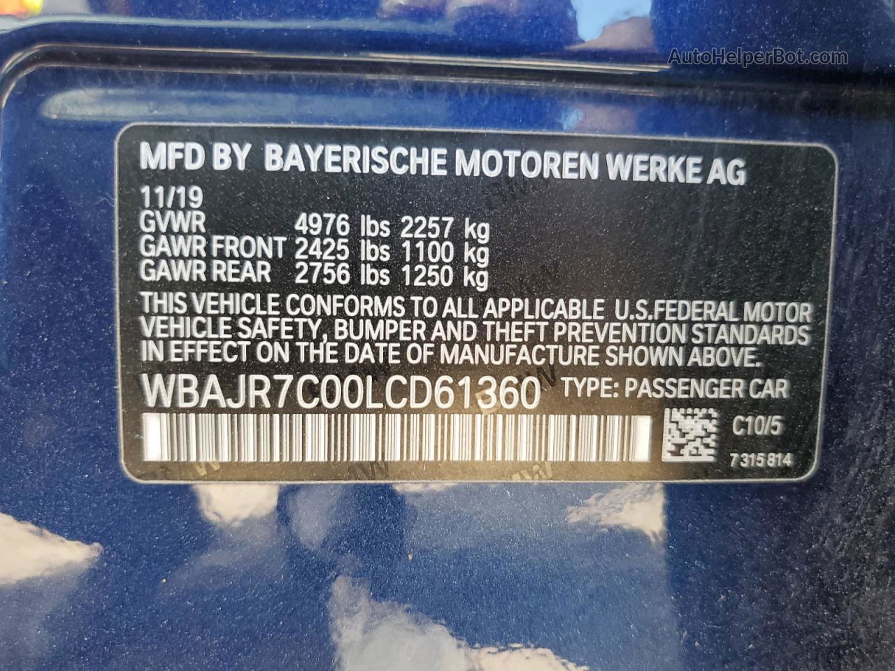 2020 Bmw 530 Xi Синий vin: WBAJR7C00LCD61360