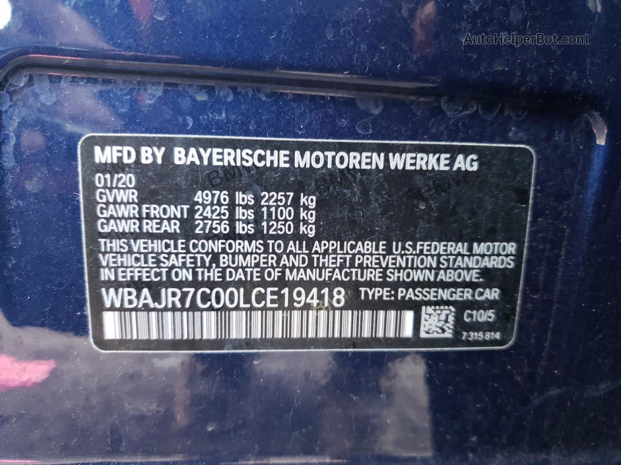 2020 Bmw 530 Xi Blue vin: WBAJR7C00LCE19418