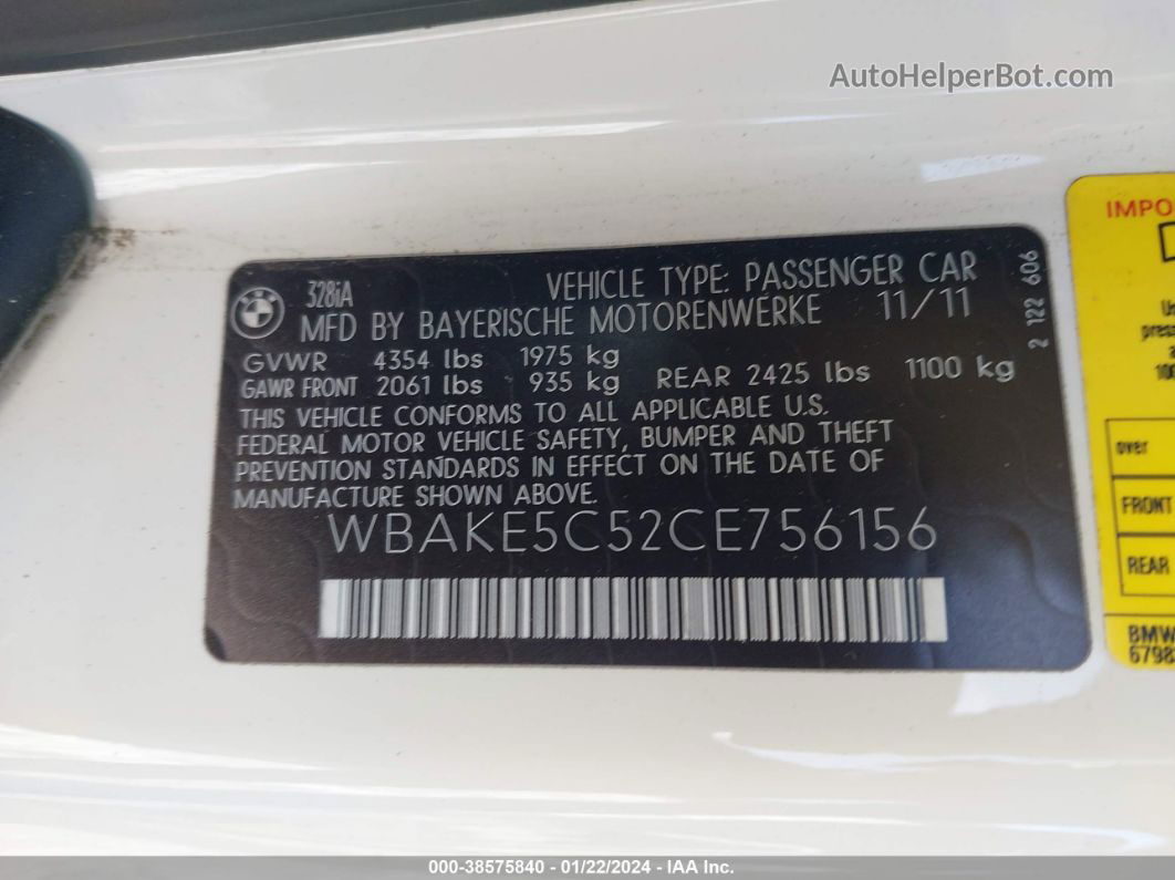 2012 Bmw 328i   White vin: WBAKE5C52CE756156