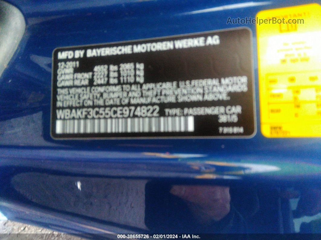 2012 Bmw 328i Xdrive Blue vin: WBAKF3C55CE974822