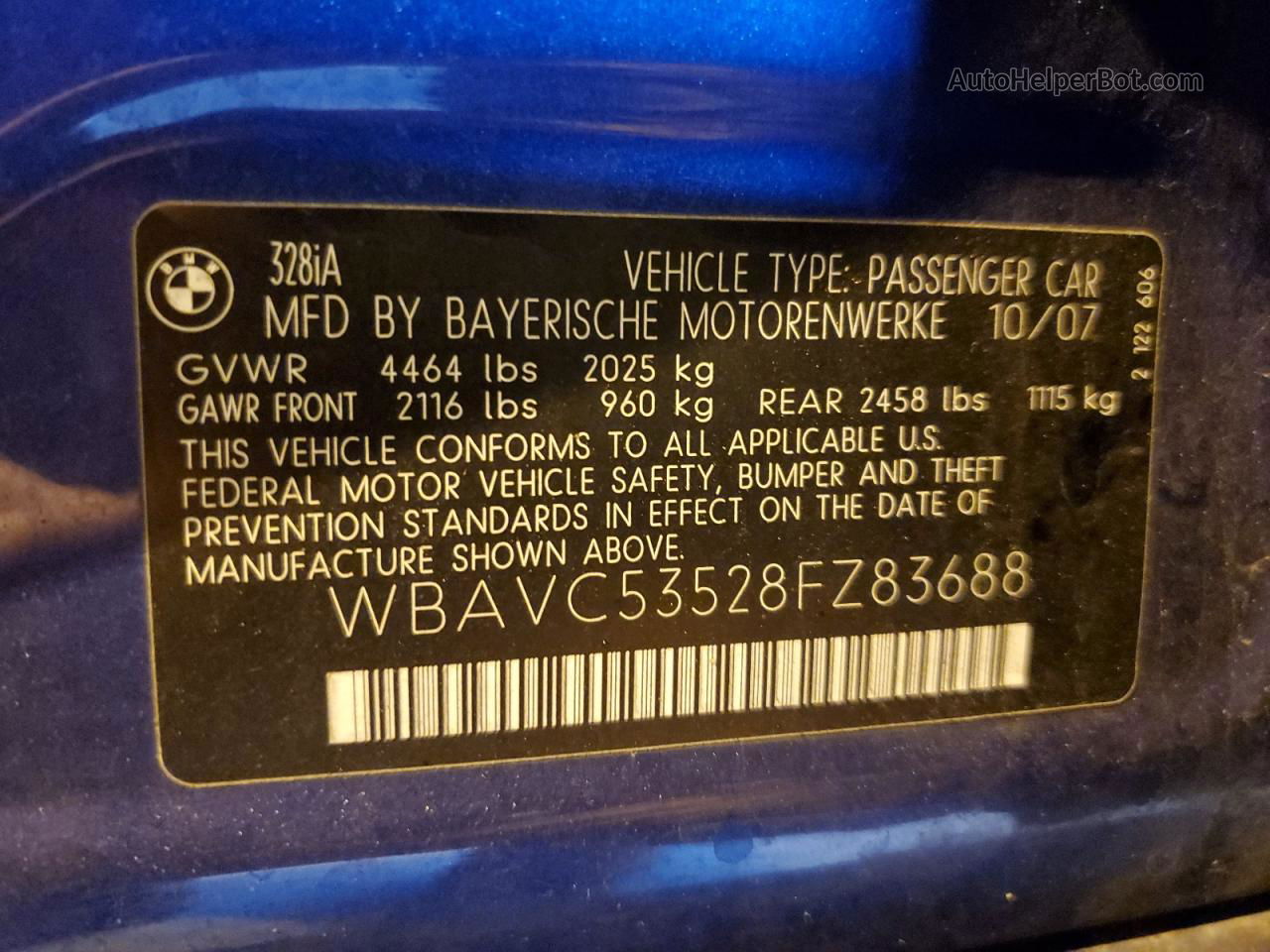 2008 Bmw 328 I Sulev Blue vin: WBAVC53528FZ83688