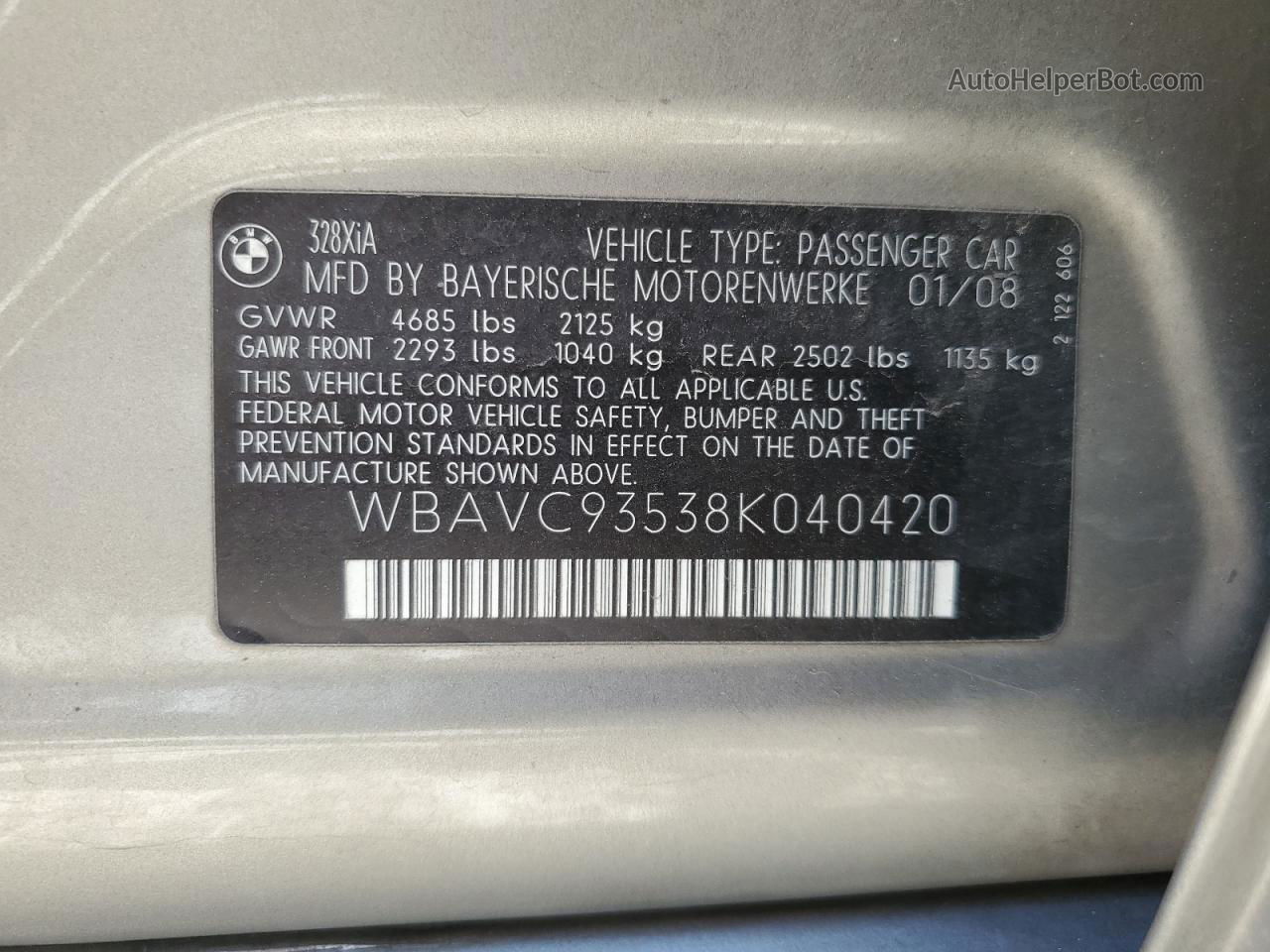 2008 Bmw 328 Xi Золотой vin: WBAVC93538K040420