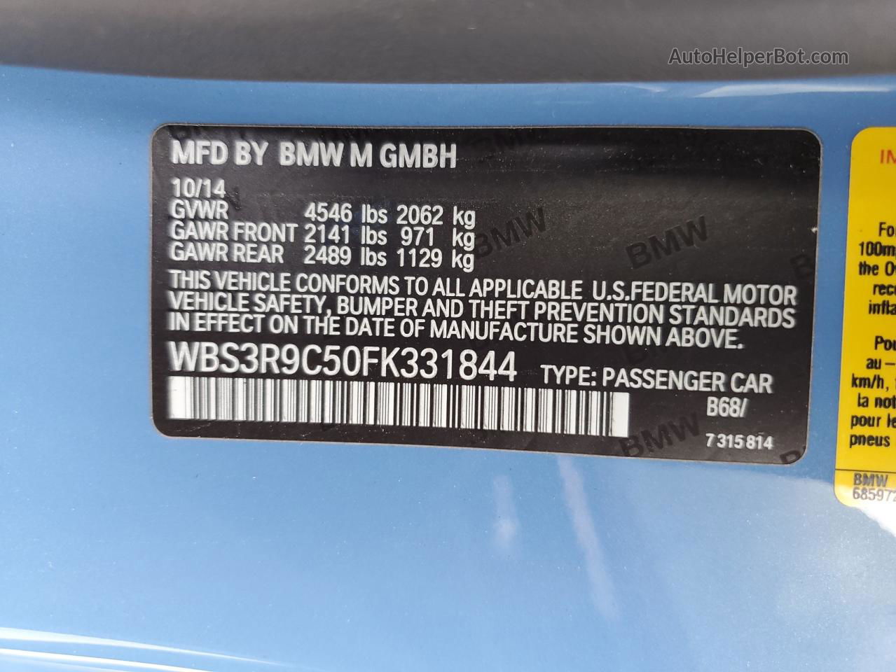 2015 Bmw M4 Синий vin: WBS3R9C50FK331844