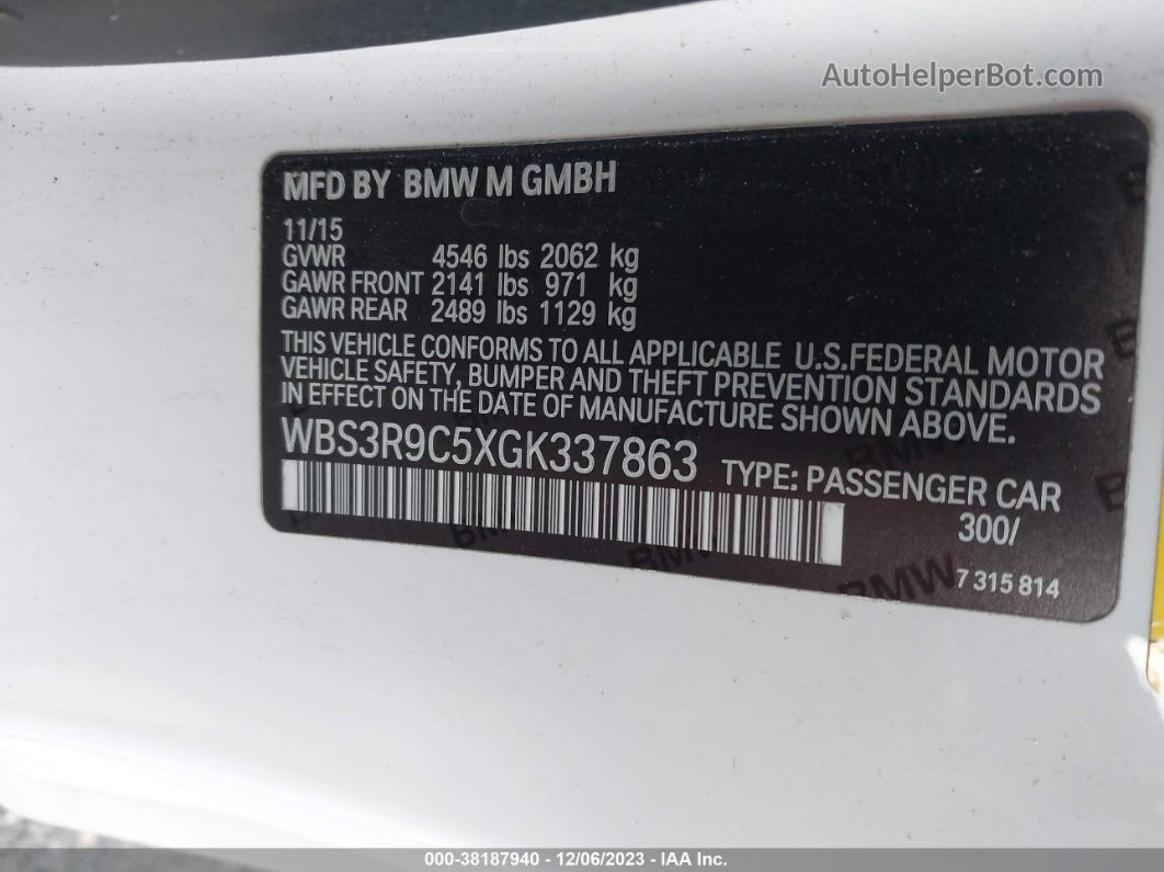 2016 Bmw M4 White vin: WBS3R9C5XGK337863