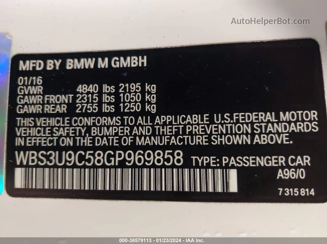 2016 Bmw M4 White vin: WBS3U9C58GP969858