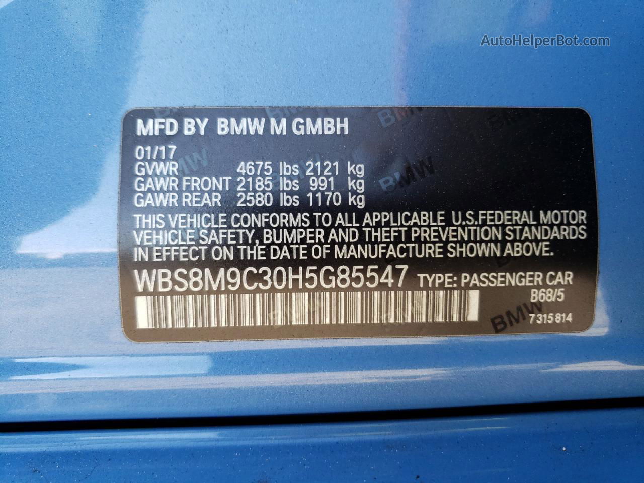 2017 Bmw M3  Blue vin: WBS8M9C30H5G85547