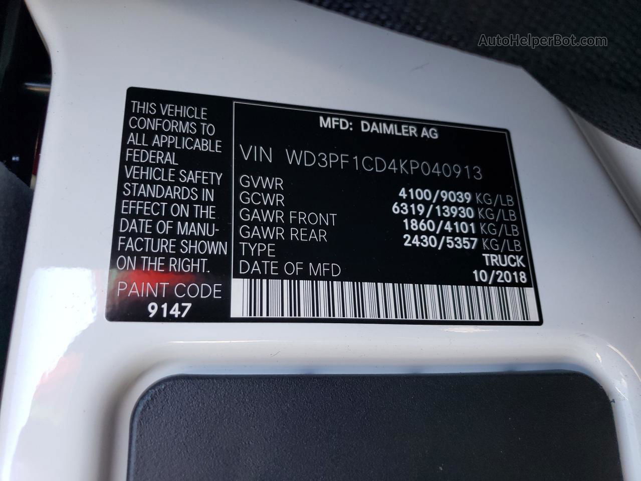 2019 Mercedes-benz Sprinter 2500/3500 Черный vin: WD3PF1CD4KP040913