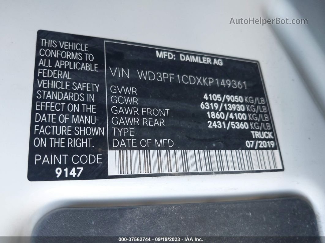 2019 Mercedes-benz Sprinter 2500 High Roof V6 Белый vin: WD3PF1CDXKP149361