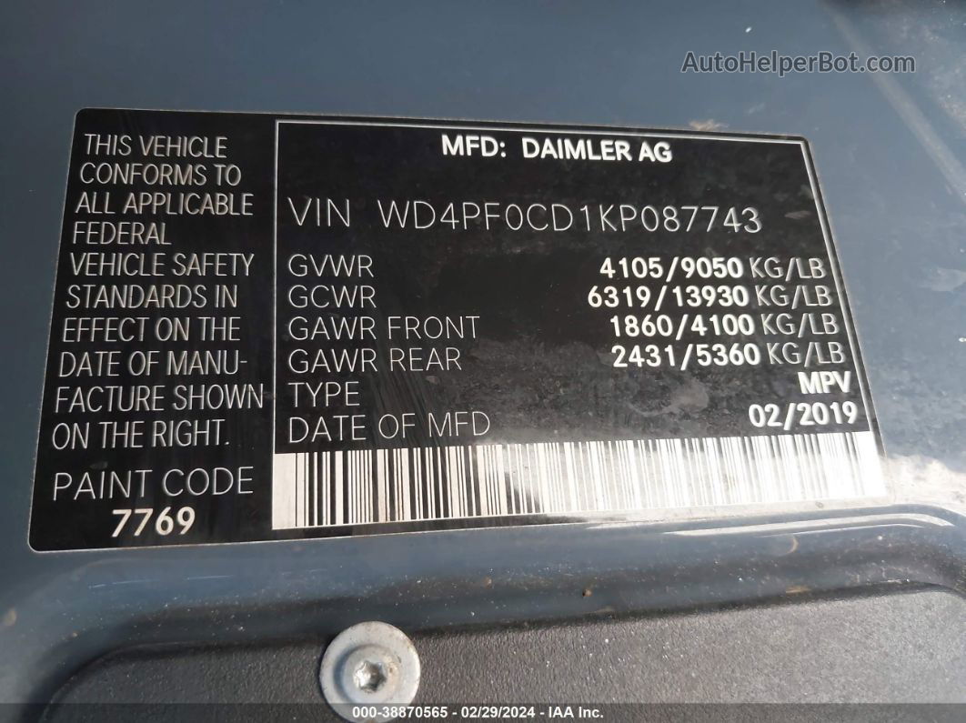 2019 Mercedes-benz Sprinter 2500 High Roof V6/standard Roof V6 Blue vin: WD4PF0CD1KP087743