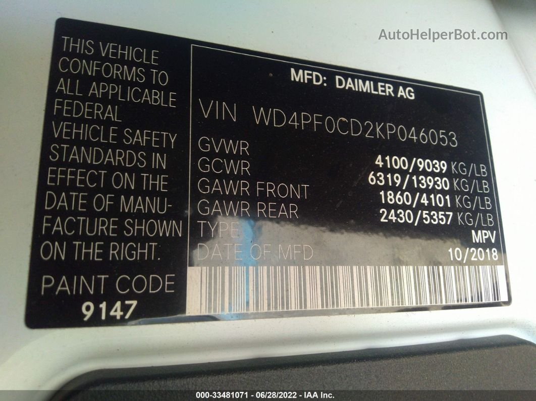 2019 Mercedes-benz Sprinter Van   Белый vin: WD4PF0CD2KP046053