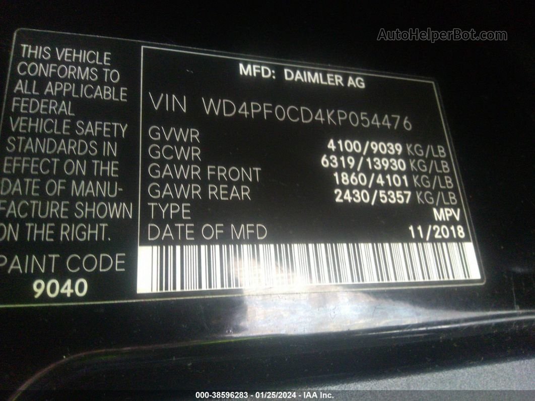 2019 Mercedes-benz Sprinter 2500 High Roof V6/standard Roof V6 Black vin: WD4PF0CD4KP054476