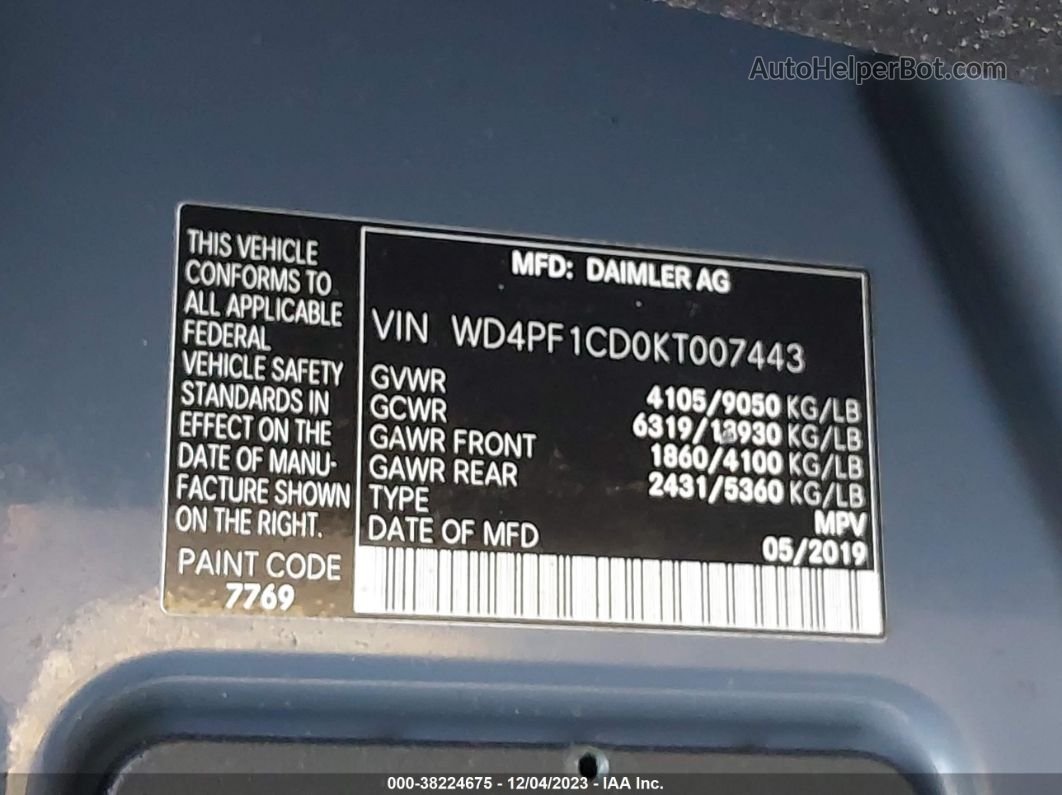 2019 Mercedes-benz Sprinter 2500 High Roof V6 Синий vin: WD4PF1CD0KT007443