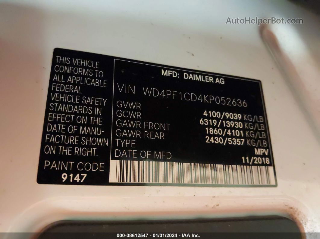 2019 Mercedes-benz Sprinter 2500 High Roof V6 Белый vin: WD4PF1CD4KP052636
