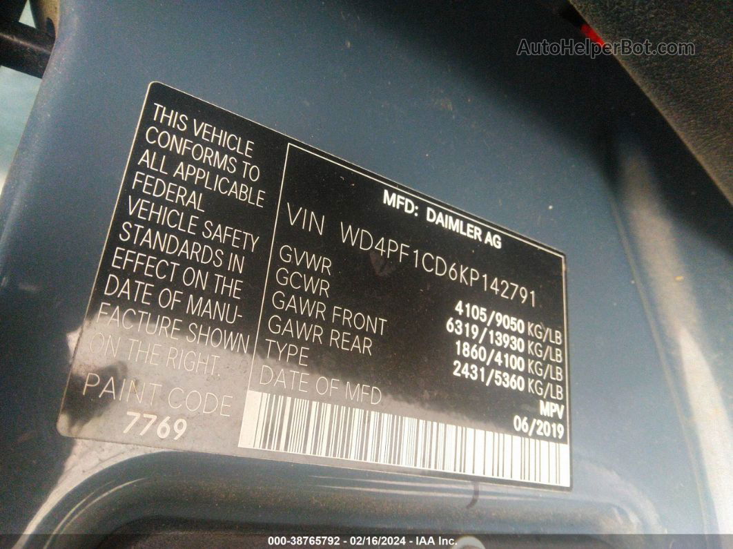 2019 Mercedes-benz Sprinter 2500 High Roof V6 Синий vin: WD4PF1CD6KP142791