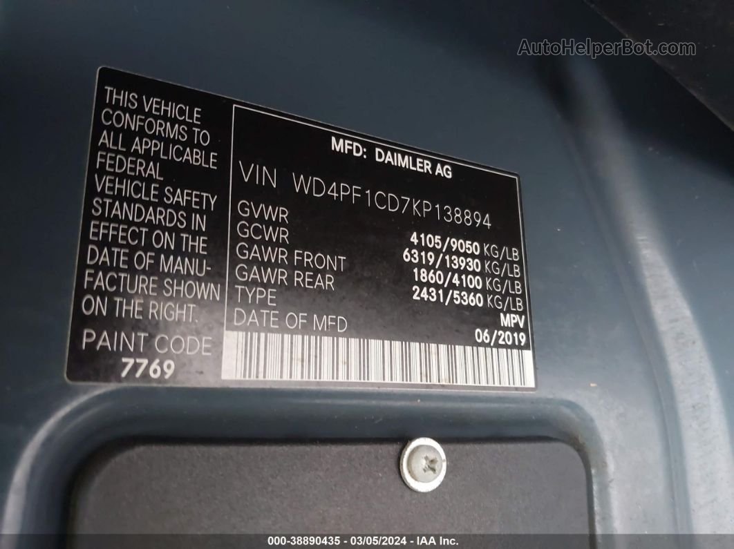 2019 Mercedes-benz Sprinter 2500 High Roof V6 Gray vin: WD4PF1CD7KP138894