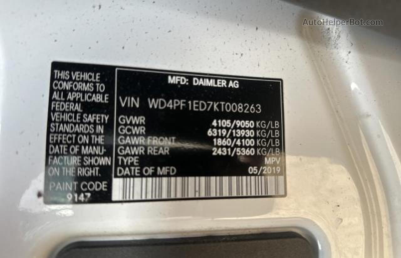 2019 Mercedes-benz Sprinter 2500/3500 White vin: WD4PF1ED7KT008263