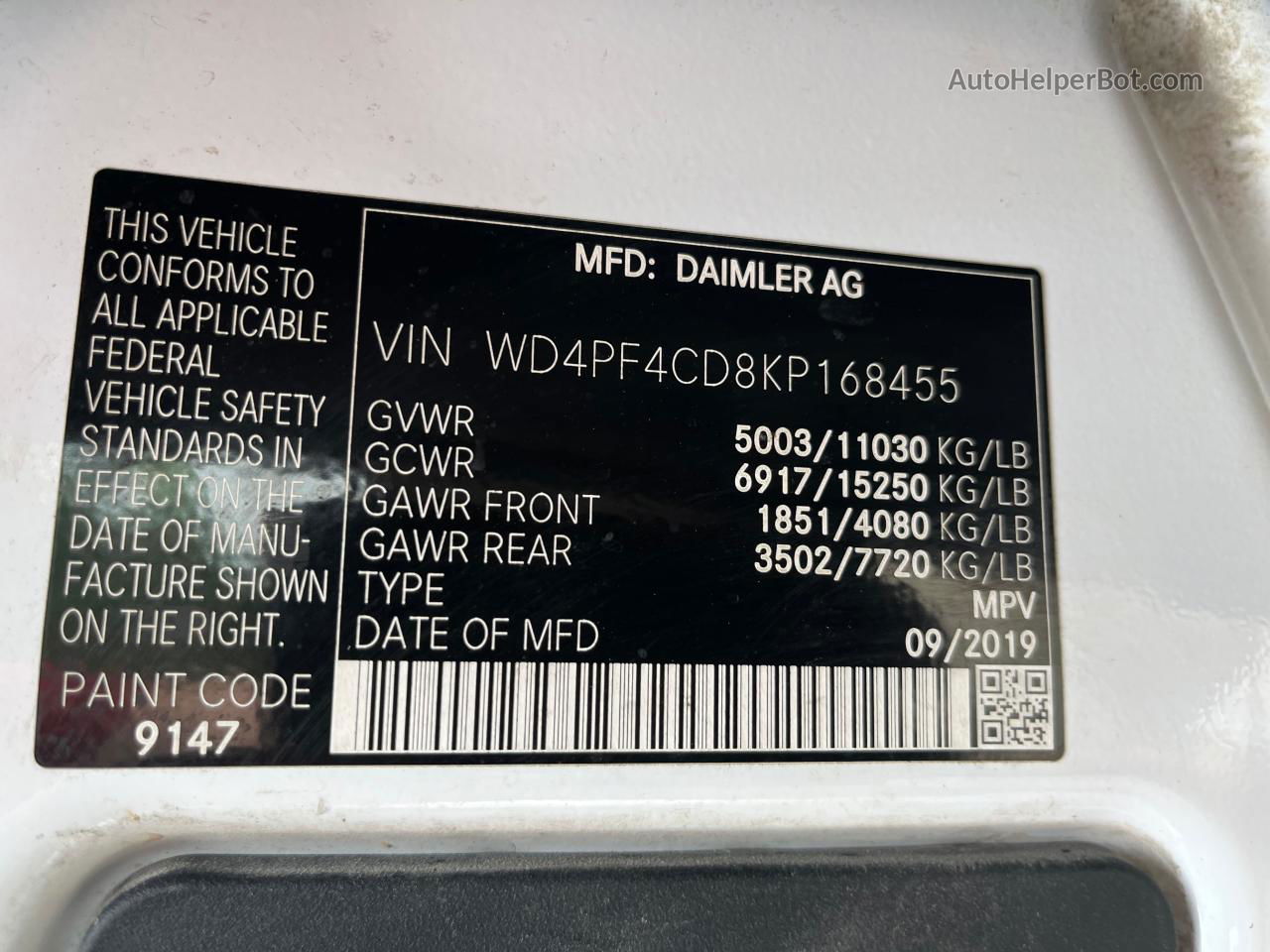 2019 Mercedes-benz Sprinter 3500/4500 Белый vin: WD4PF4CD8KP168455