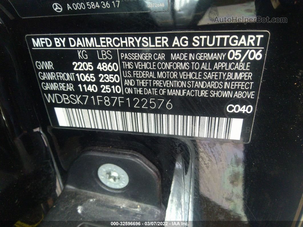 2007 Mercedes-benz Sl-class 5.5l V8 Black vin: WDBSK71F87F122576