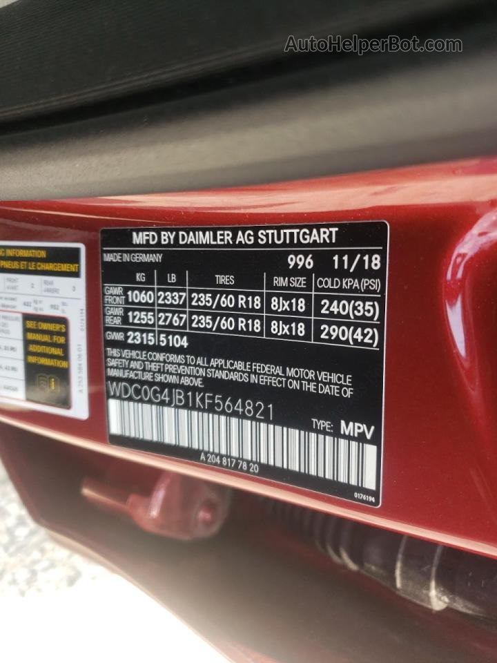 2019 Mercedes-benz Glc 300 Red vin: WDC0G4JB1KF564821