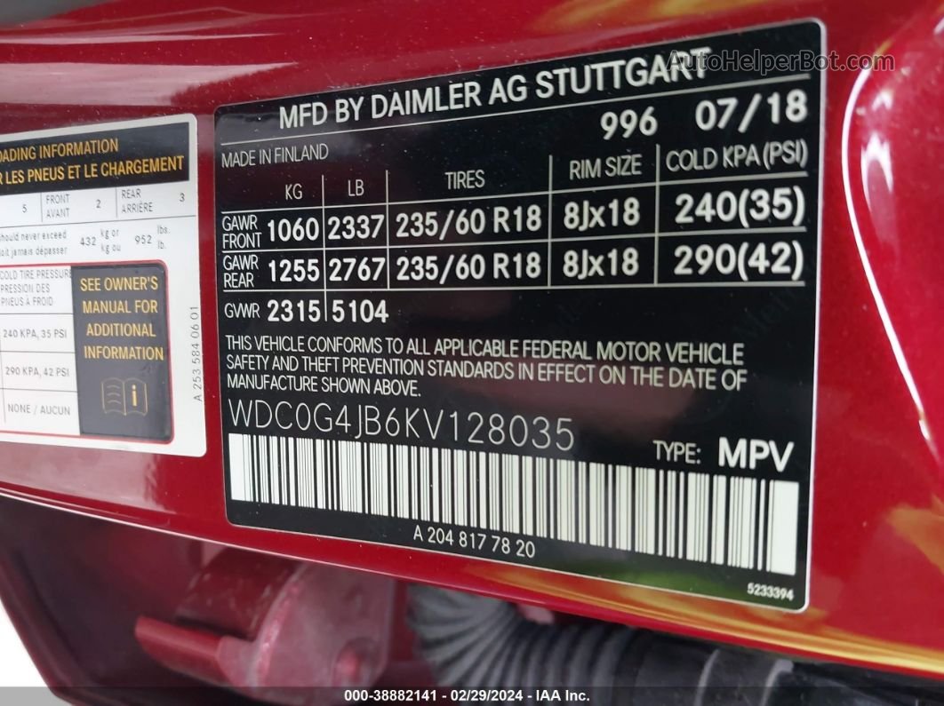 2019 Mercedes-benz Glc 300   Red vin: WDC0G4JB6KV128035