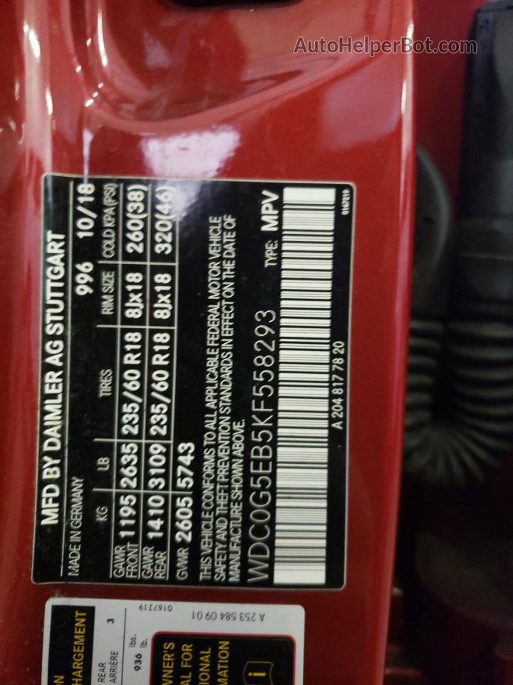 2019 Mercedes-benz Glc 350e Red vin: WDC0G5EB5KF558293