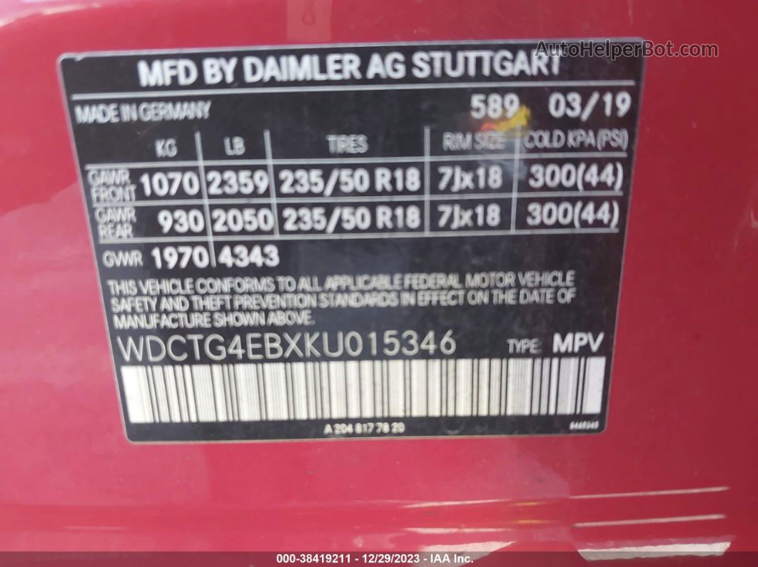 2019 Mercedes-benz Gla 250   Красный vin: WDCTG4EBXKU015346