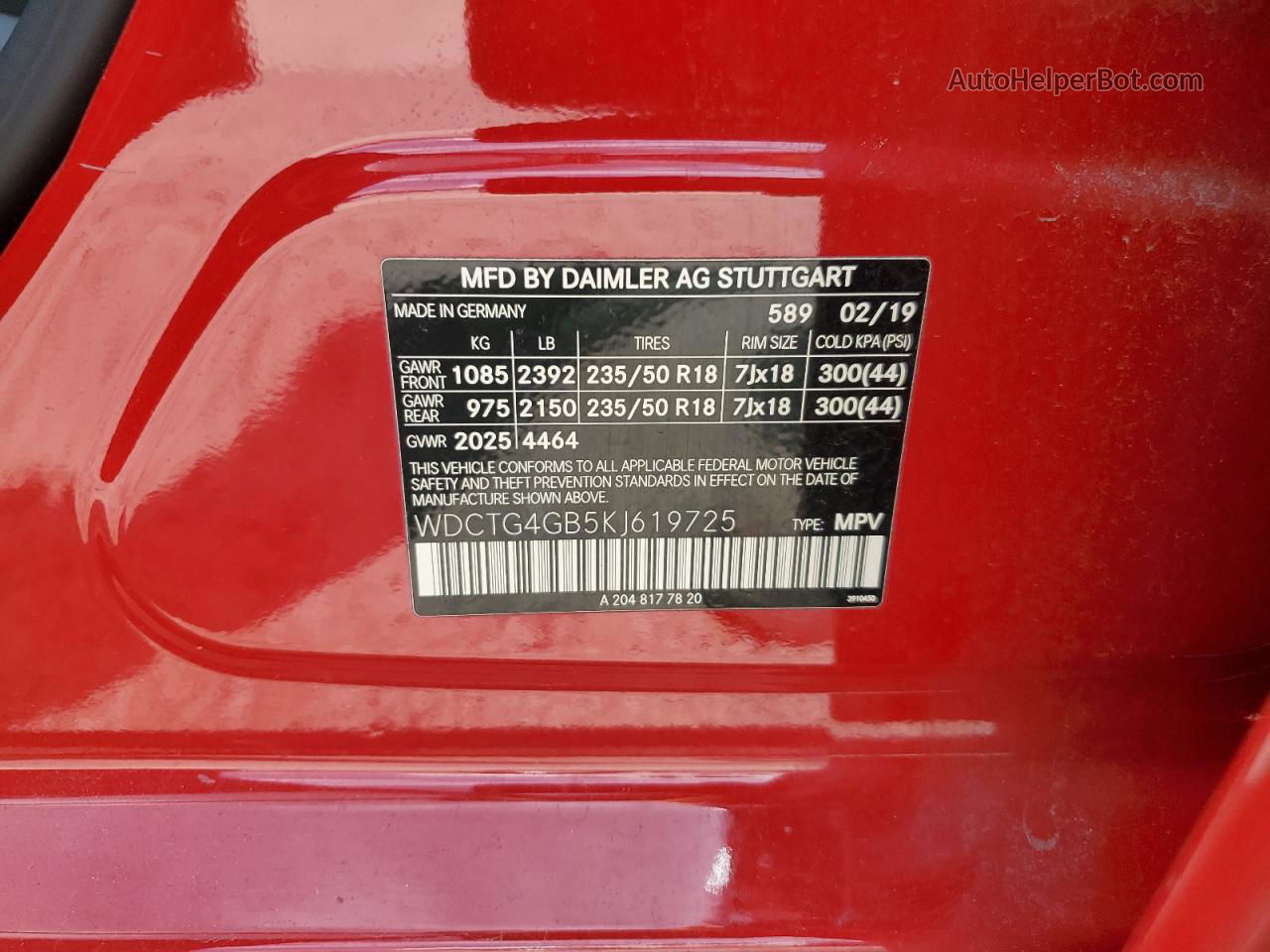 2019 Mercedes-benz Gla 250 4matic Red vin: WDCTG4GB5KJ619725