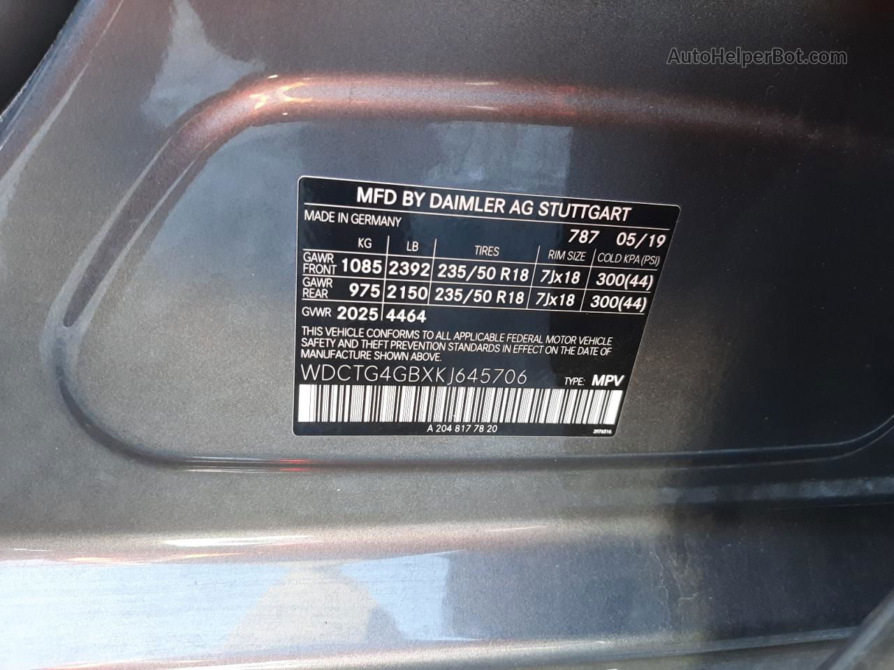 2019 Mercedes-benz Gla 250 4matic Charcoal vin: WDCTG4GBXKJ645706