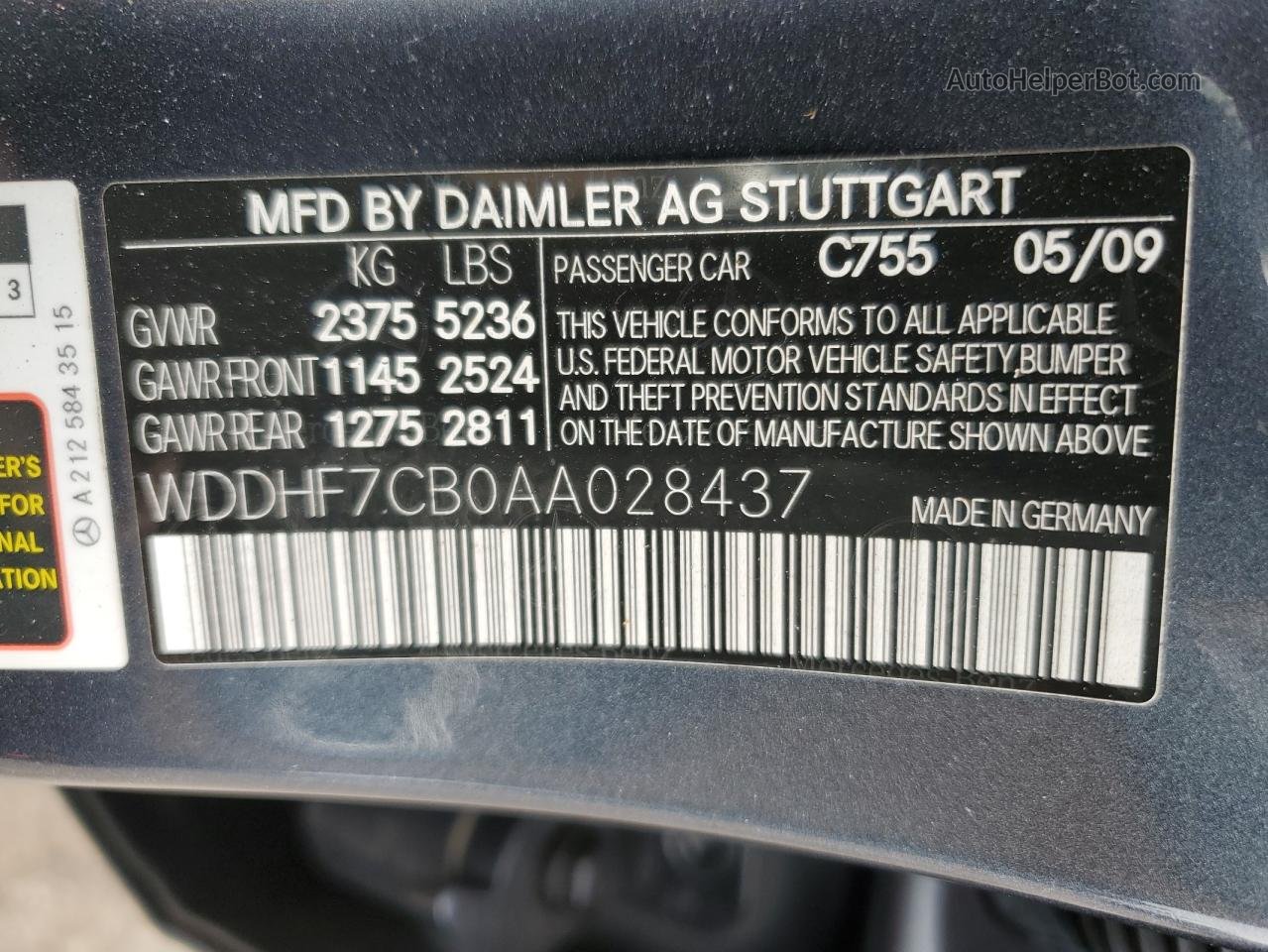 2010 Mercedes-benz E 550 Серый vin: WDDHF7CB0AA028437