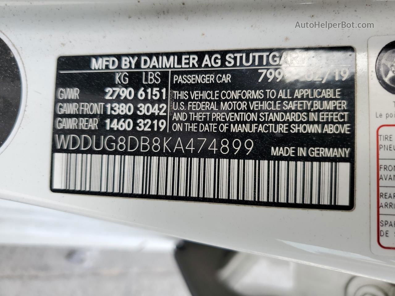 2019 Mercedes-benz S 560 Белый vin: WDDUG8DB8KA474899