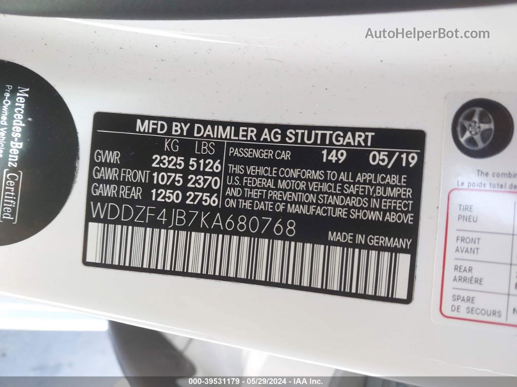 2019 Mercedes-benz E 300   White vin: WDDZF4JB7KA680768