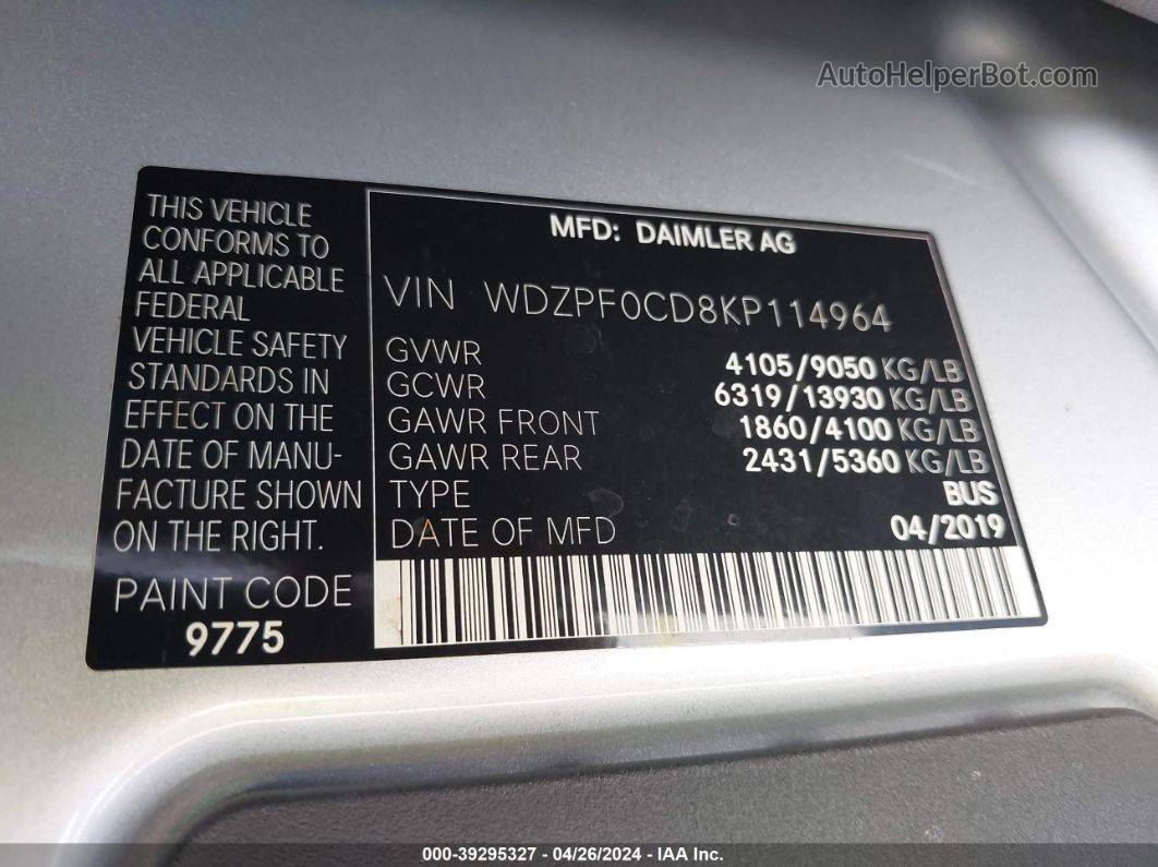2019 Mercedes-benz Sprinter 2500 High Roof V6 Silver vin: WDZPF0CD8KP114964