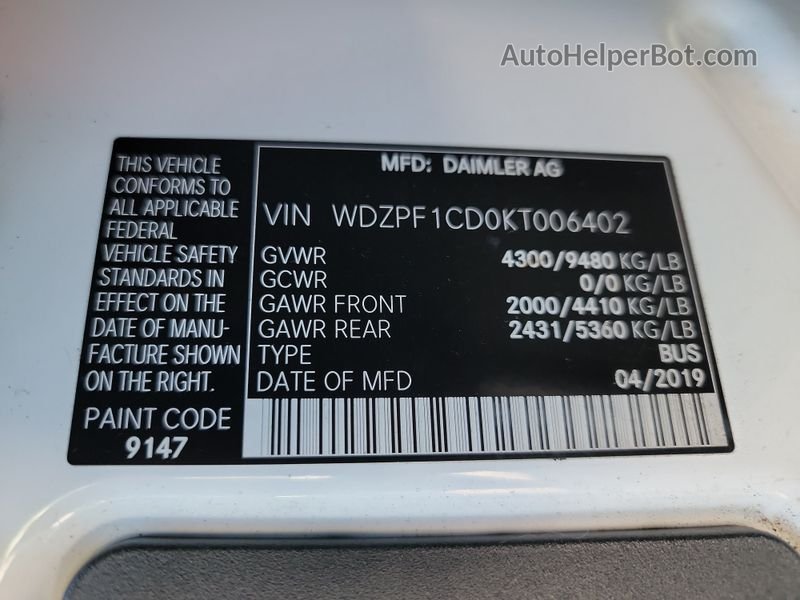 2019 Mercedes-benz Sprinter 2500/3500 vin: WDZPF1CD0KT006402