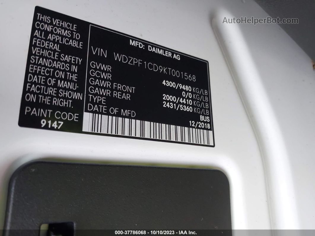 2019 Mercedes-benz Sprinter 2500 High Roof V6 White vin: WDZPF1CD9KT001568