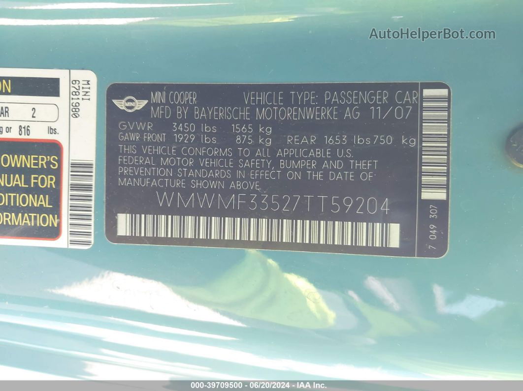 2007 Mini Cooper   Blue vin: WMWMF33527TT59204