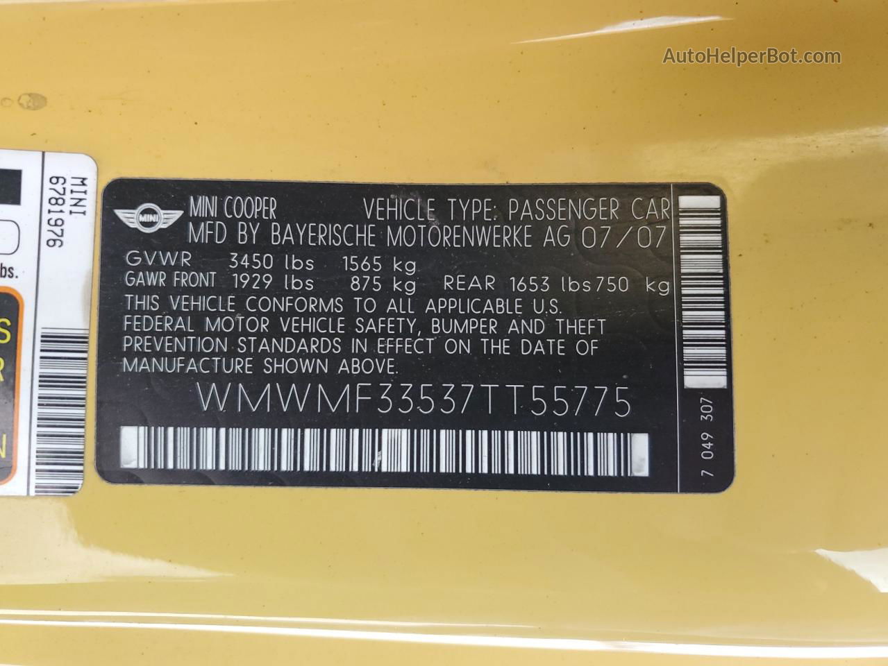 2007 Mini Cooper  Yellow vin: WMWMF33537TT55775